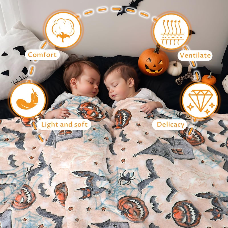 UOFON Halloween Pumpkin Blanket Kids Glow in The Dark Blanket Black Cat Halloween Decor Gifts for Women Boys Girls 50""x60"" - Image 5